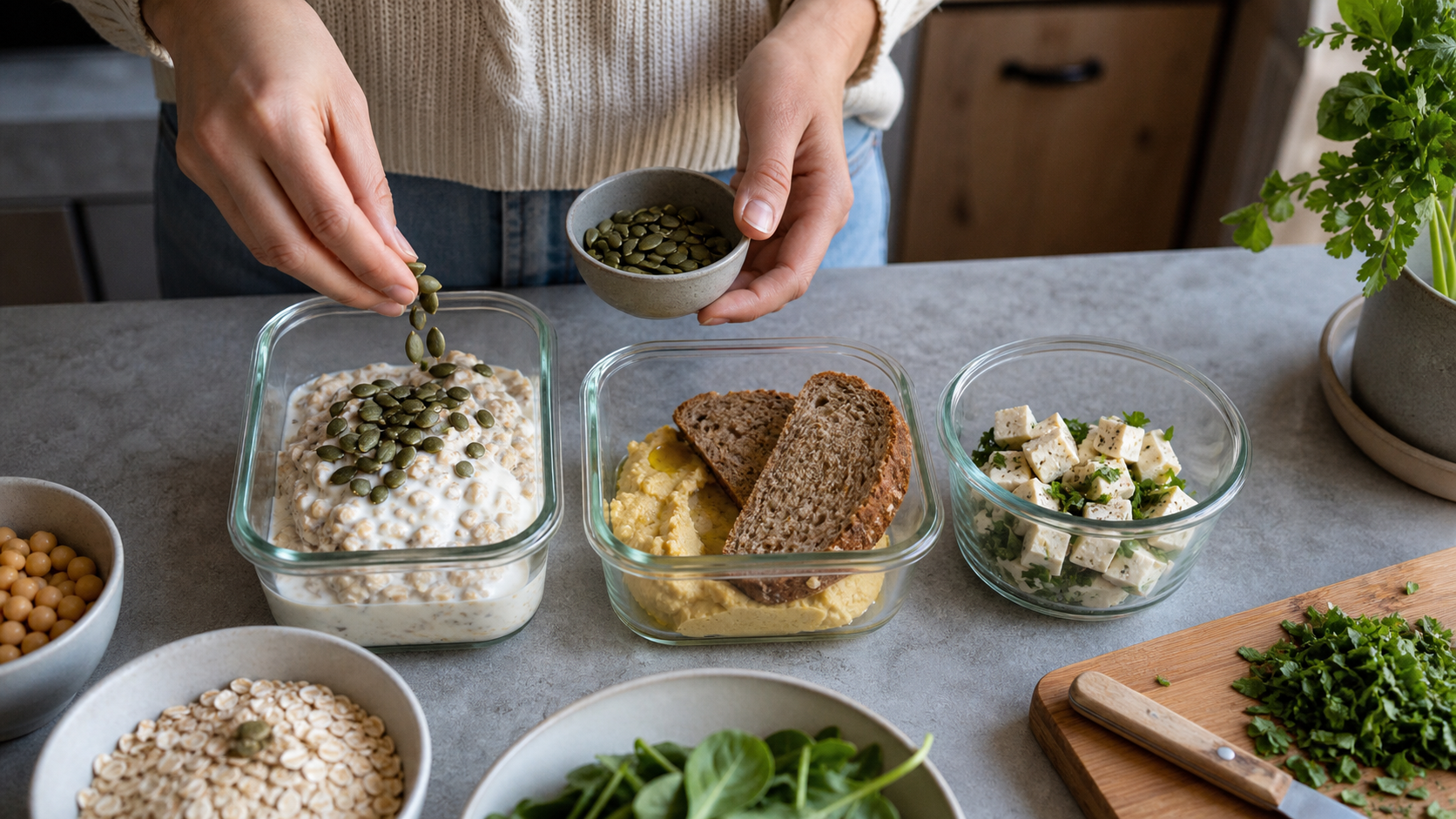 Préparation de trois petits-déjeuners végétaux avec avoine, houmous et tofu