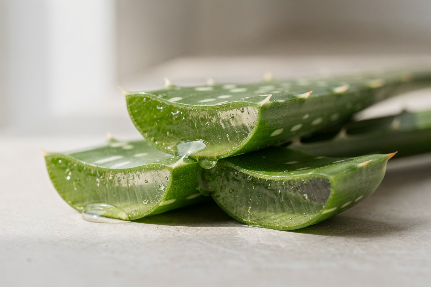 Feuilles charnues d'aloe vera avec gel transparent fraîchement prélevé