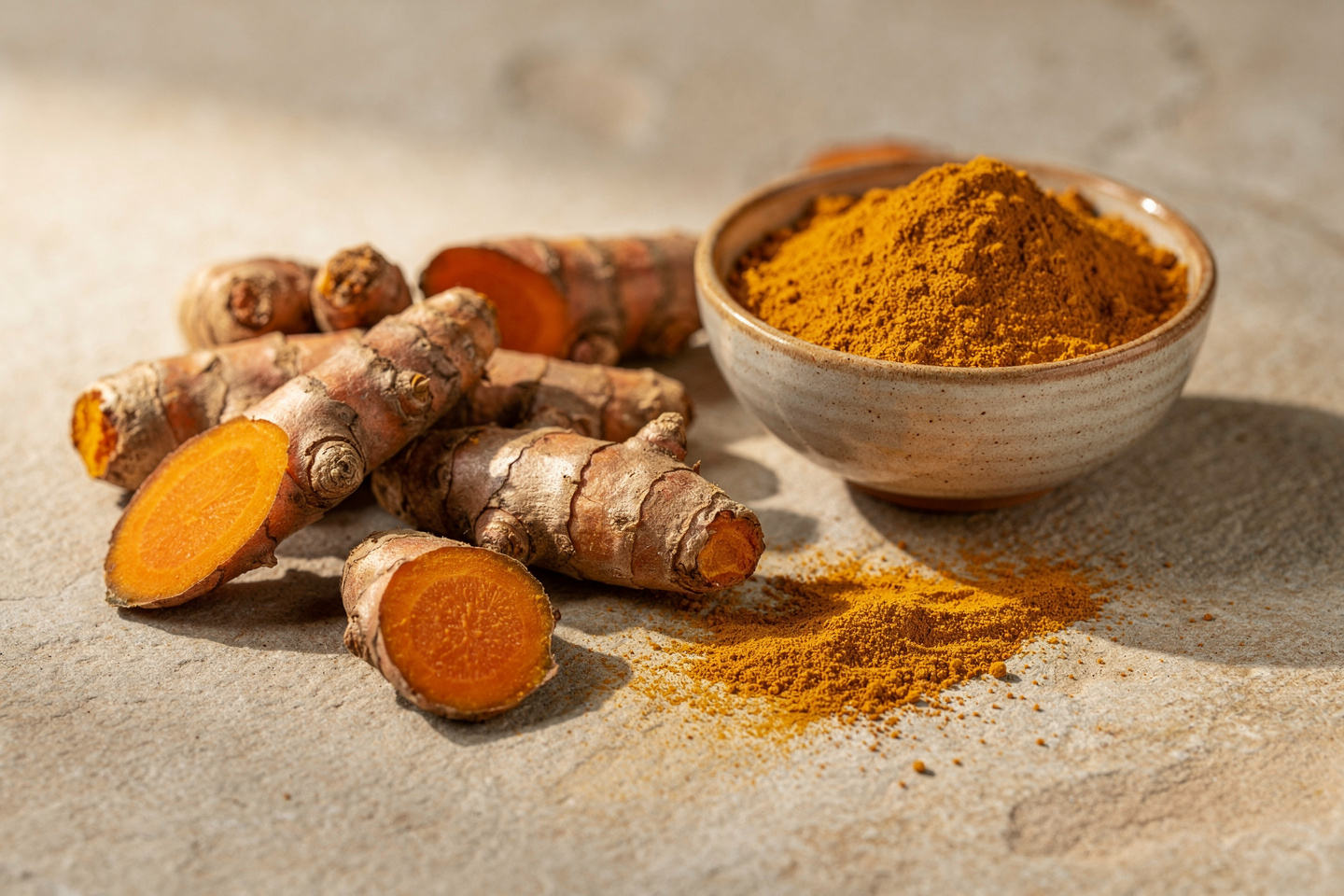 Rhizomes et poudre de curcuma sur une surface de cuisine claire