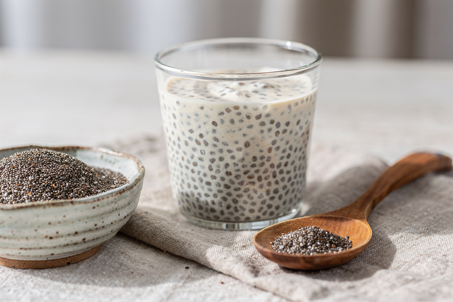 Graines de chia, pudding au chia et cuillère en bois en lumière naturelle
