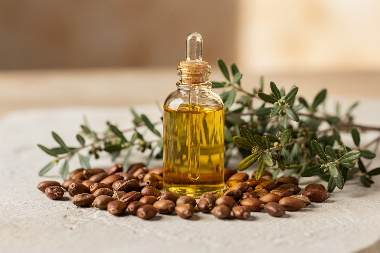 Flacon en verre d'huile de jojoba entouré de graines et de feuillage sec