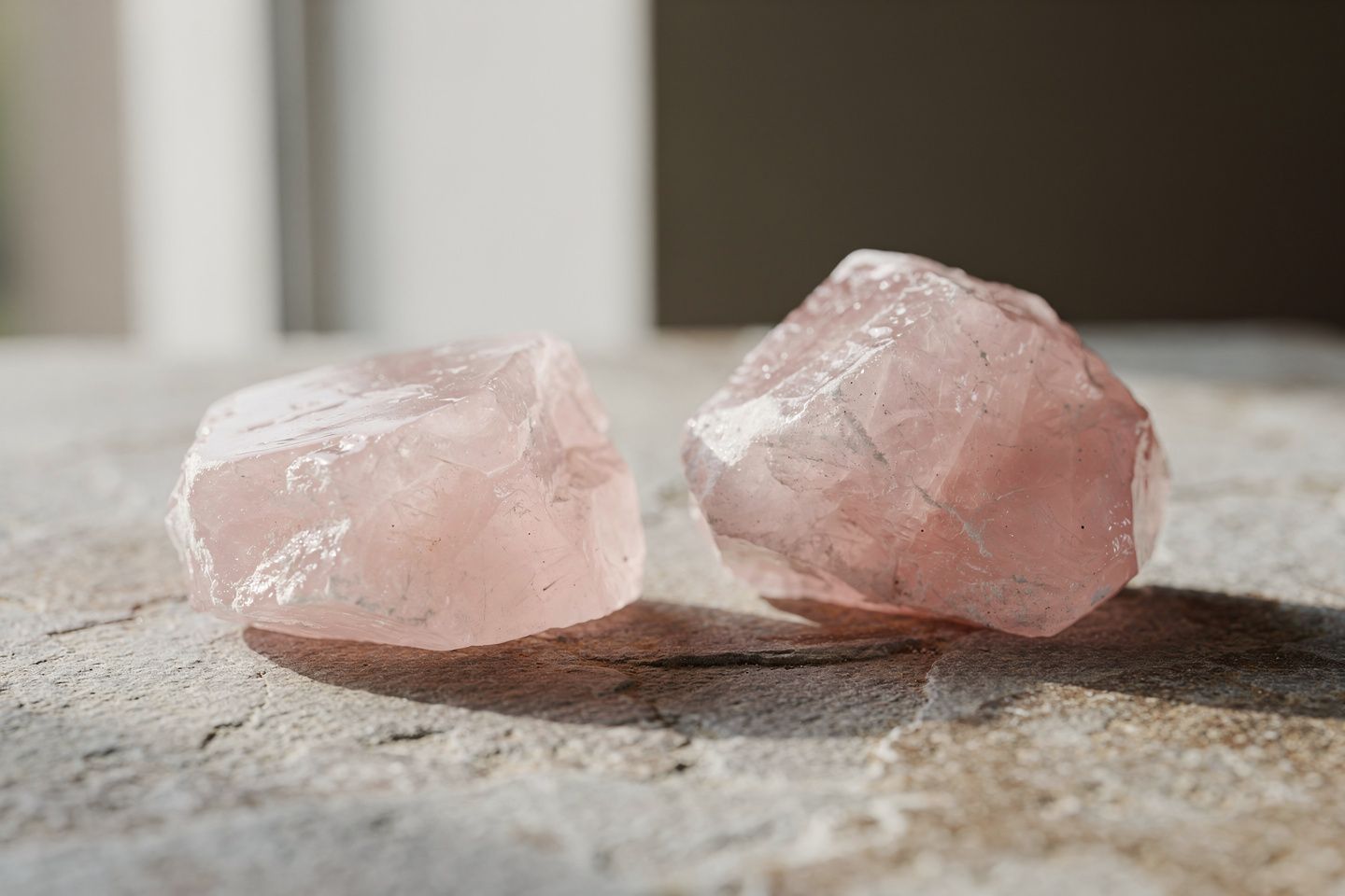 Quartz rose brut et poli posé sur une pierre claire en lumière douce